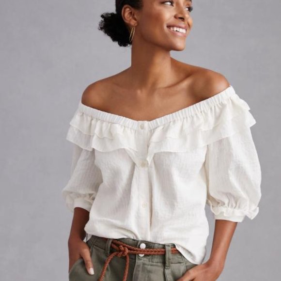 Anthropology Maeve ruffle bottom up top cream lined top size Small - Picture 1 of 9
